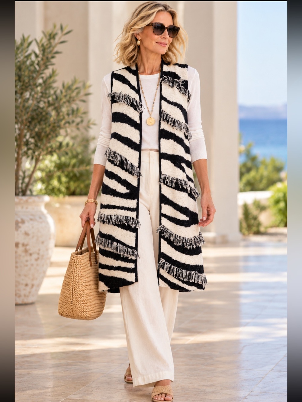 Chico’s Anne Zebra Fringed Duster Boho Coastal Grandma